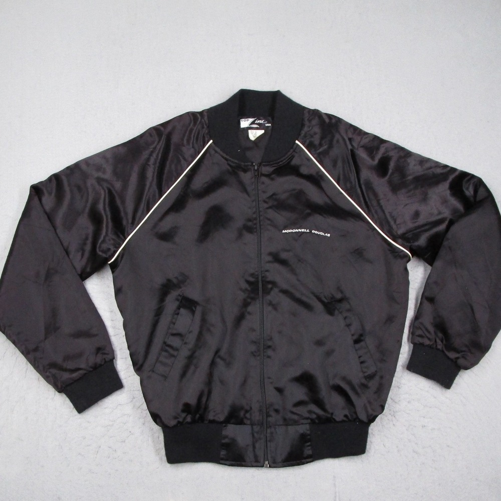 Vintage Top Line McDonnell Douglas MD-80 Satin Bomber Jacket Men Large Black USA